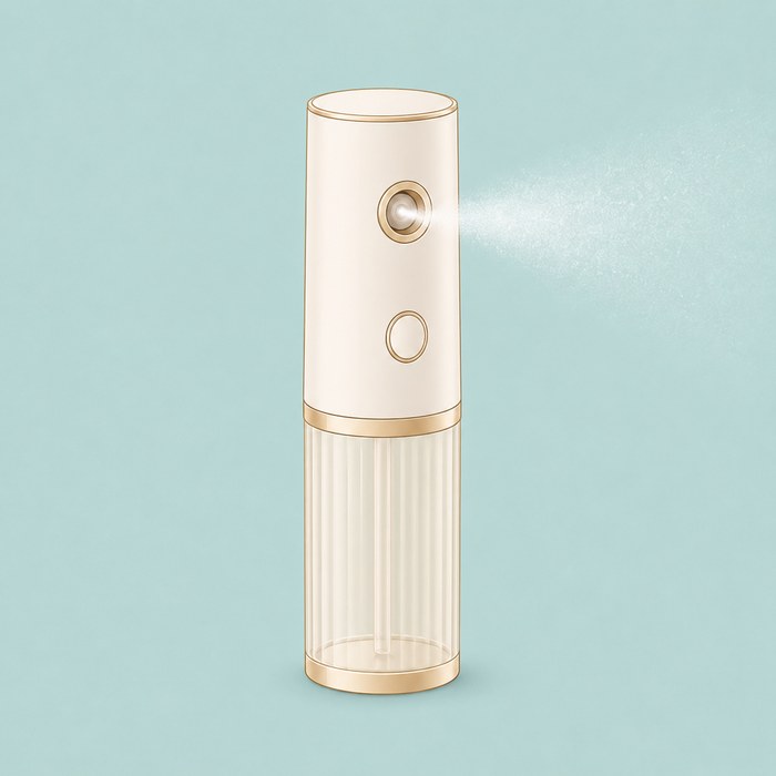 Brumisateur portable crème et doré projetant une fine brume