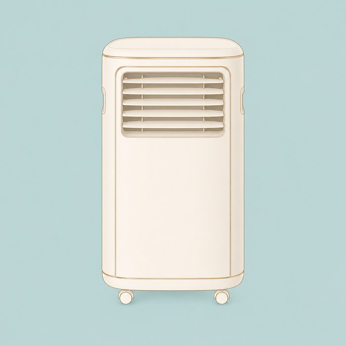 Climatiseur mobile crème et doré sur roulettes