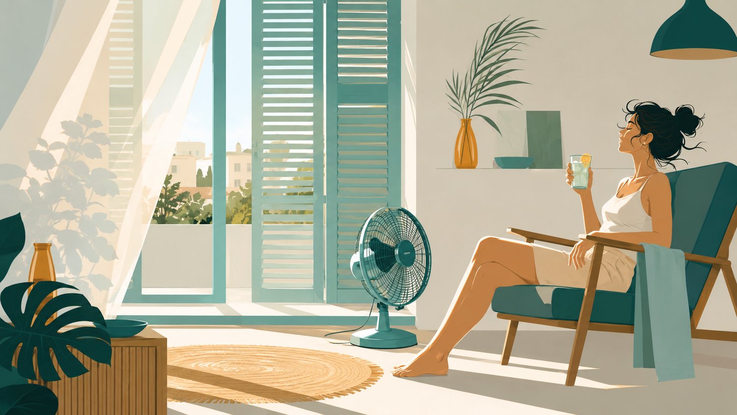 Personne au frais dans un salon lumineux, volets mi-clos et ventilateur en marche